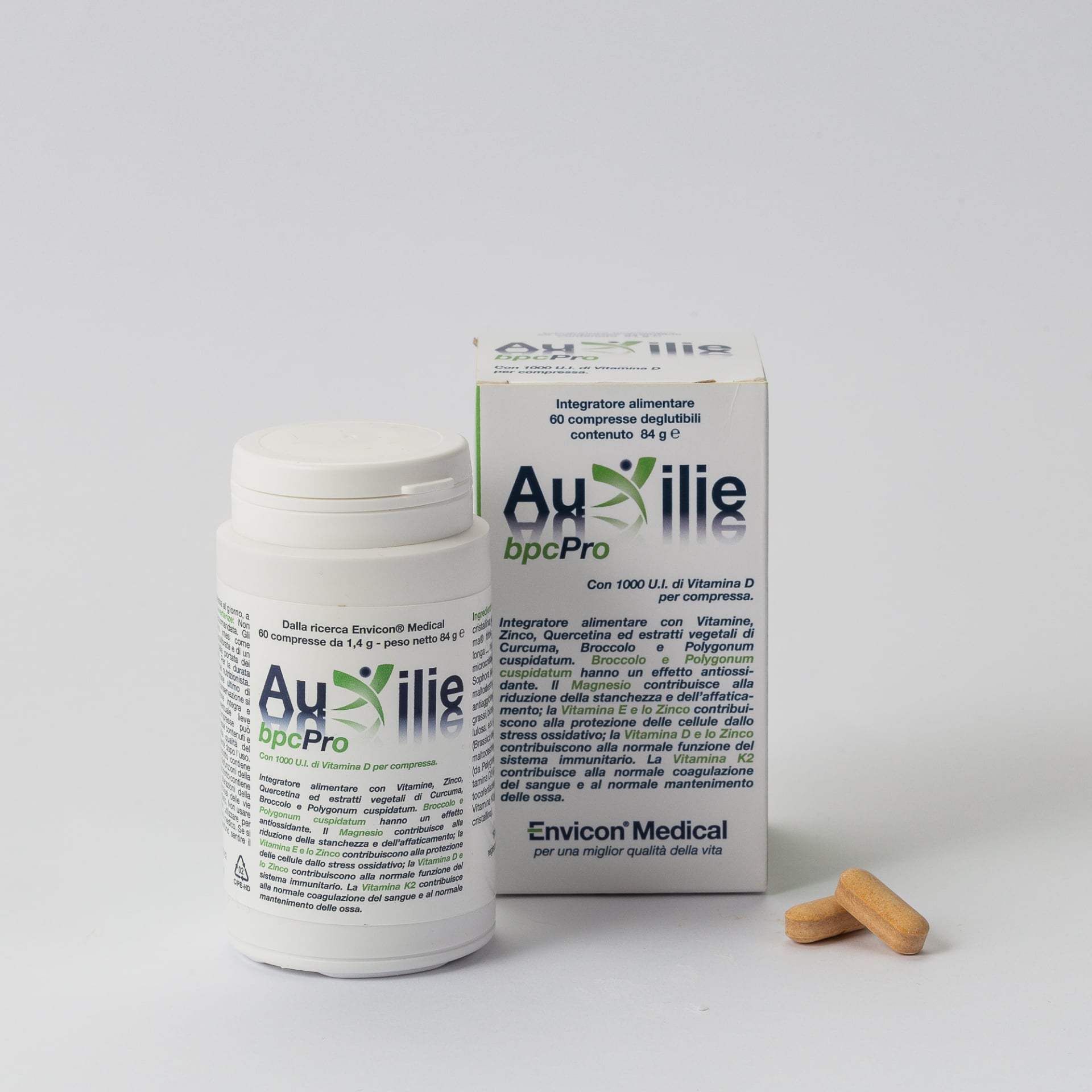 Integratore Immunomodulante Auxilie® BpcPro  60 Compresse Deglutibili – barattolo e scatola