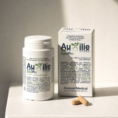 Integratore Immunomodulante Auxilie® BpcPro  60 Compresse Deglutibili – primo piano etichetta