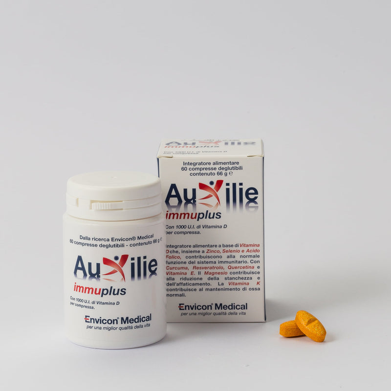 Integratore Immunomodulante Auxilie® Immuplus 60 Compresse Deglutibili – barattolo e scatola