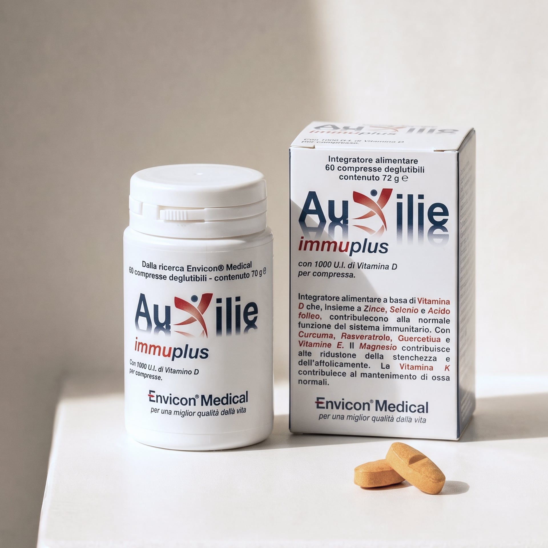 Integratore Immunomodulante Auxilie® Immuplus 60 Compresse Deglutibili – primo piano etichetta