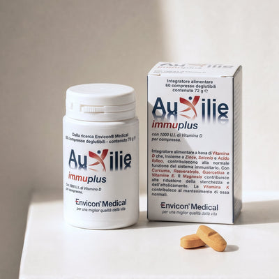 Integratore Immunomodulante Auxilie® Immuplus 60 Compresse Deglutibili – primo piano etichetta