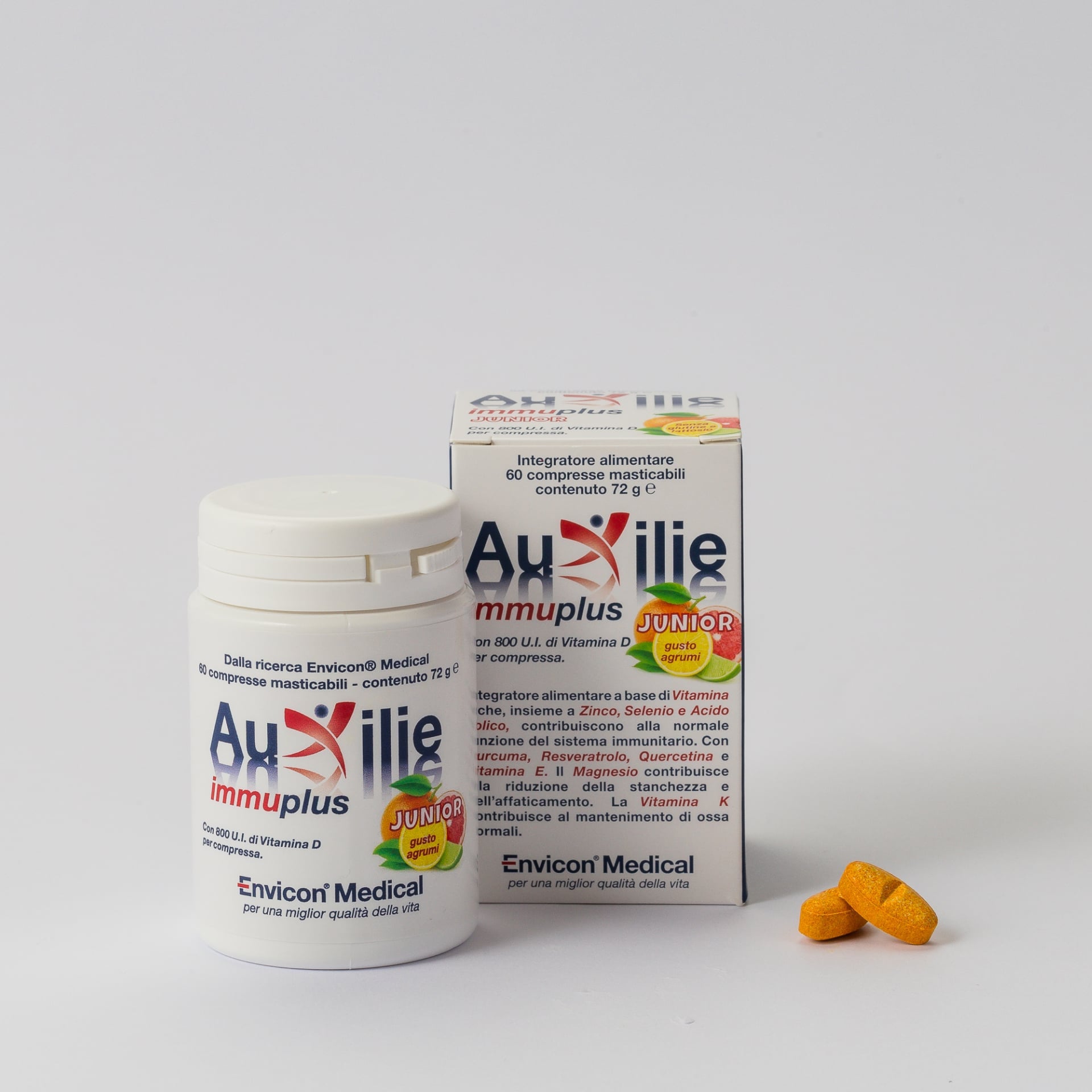 Integratore Immunomodulante Auxilie® Immuplus Junior 60 Compresse Masticabili Gusto Agrumi – barattolo e scatola