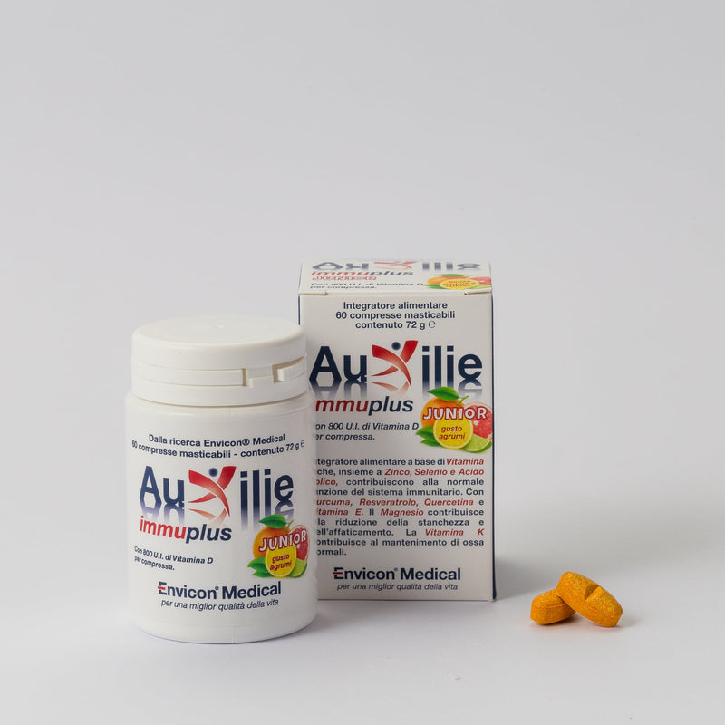 Integratore Immunomodulante Auxilie® Immuplus Junior 60 Compresse Masticabili Gusto Agrumi – barattolo e scatola