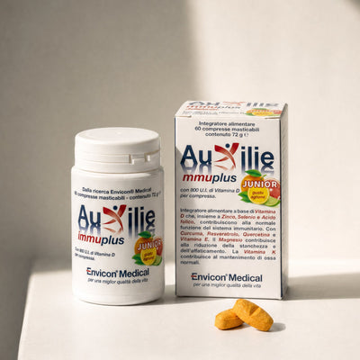 Integratore Immunomodulante Auxilie® Immuplus Junior 60 Compresse Masticabili Gusto Agrumi – primo piano etichetta