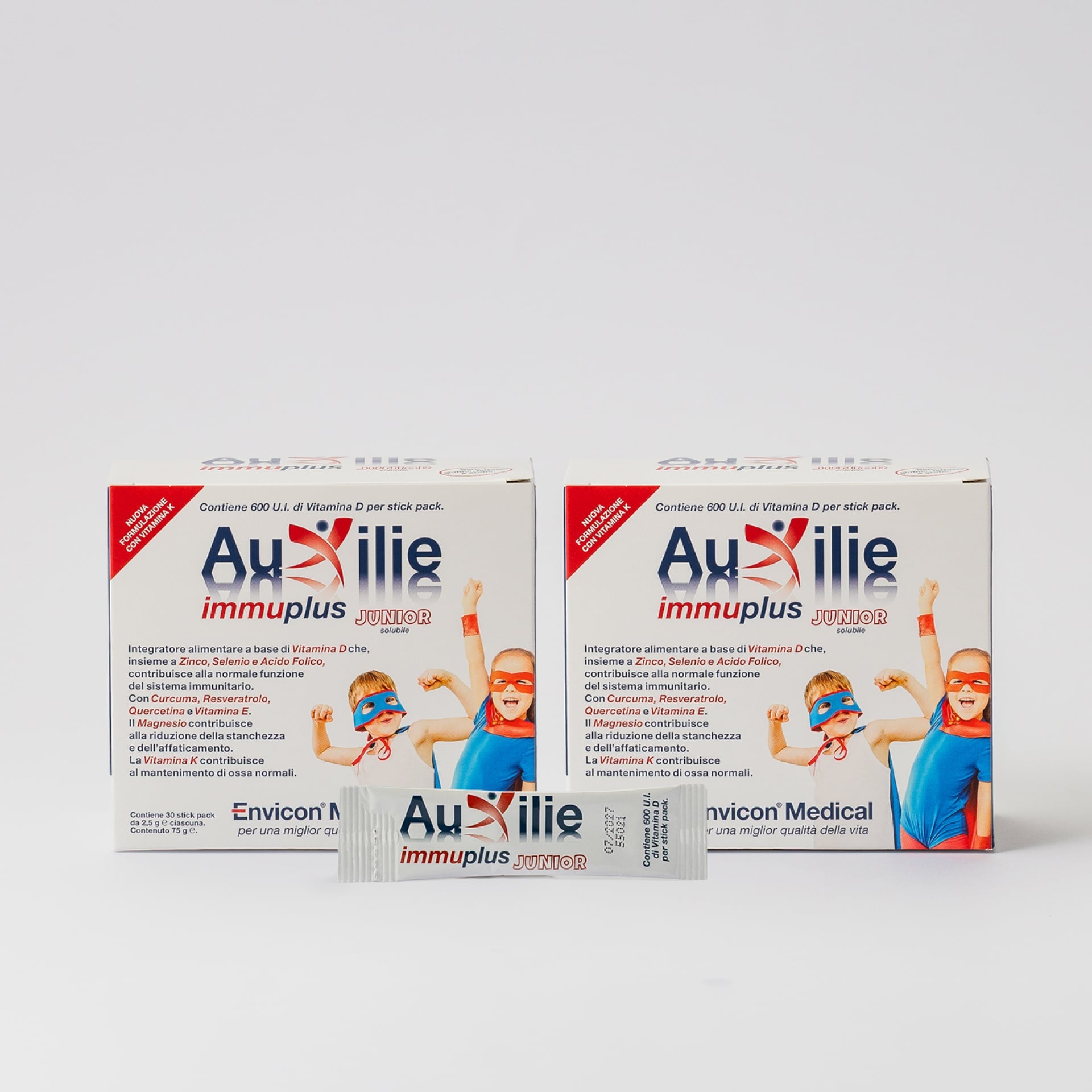 Integratore Immunomodulante Auxilie® Immuplus Junior 60 Bustine Solubili Senza Aromi – barattolo e scatola