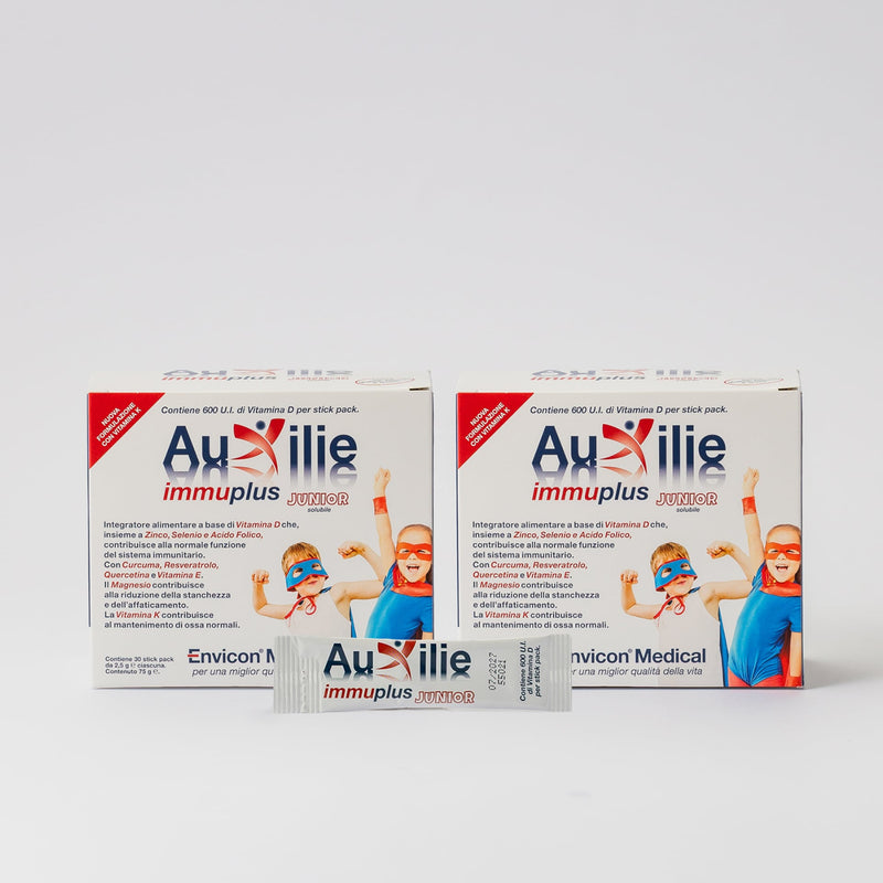 Integratore Immunomodulante Auxilie® Immuplus Junior 60 Bustine Solubili Senza Aromi – barattolo e scatola