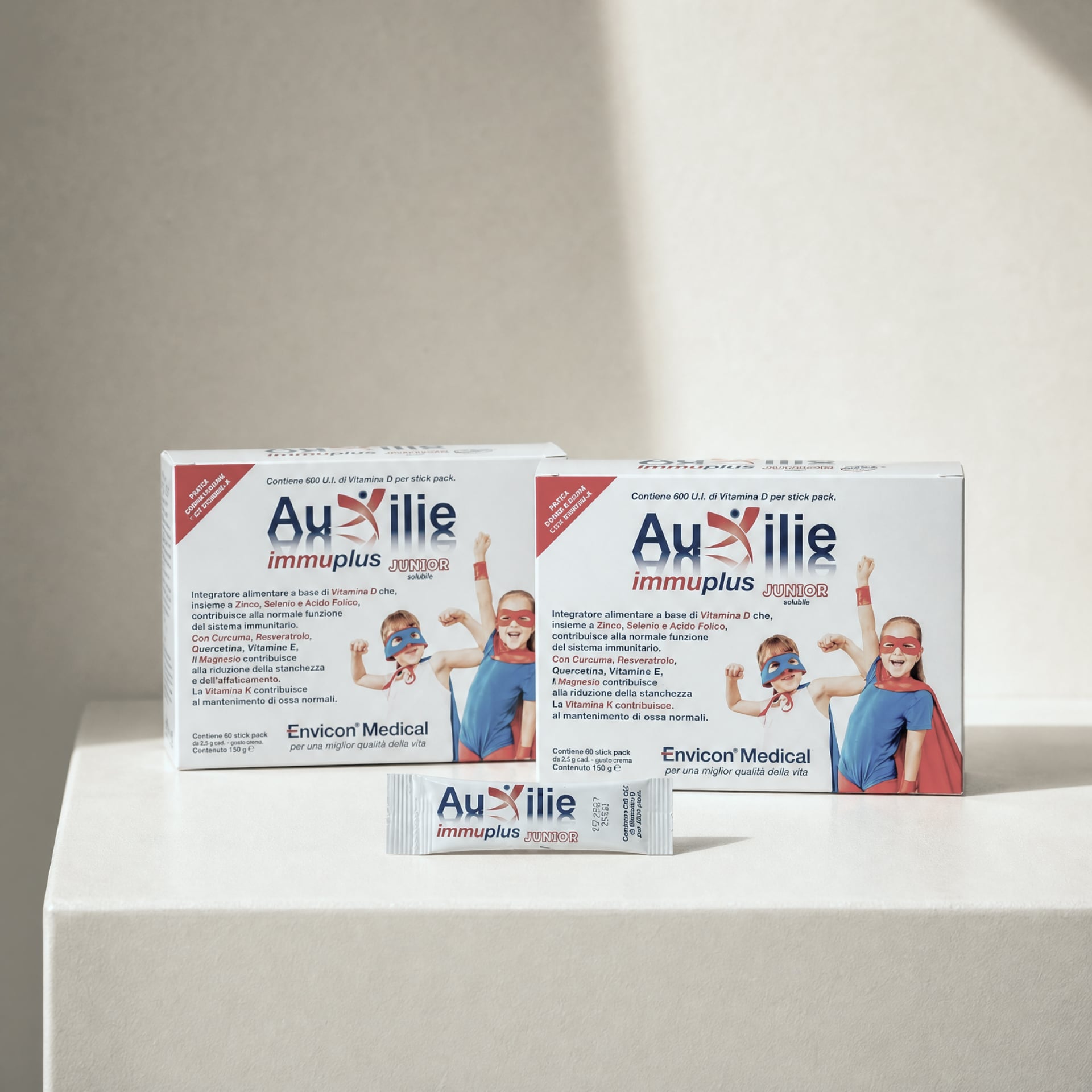 Integratore Immunomodulante Auxilie® Immuplus Junior 60 Bustine Solubili Senza Aromi – primo piano etichetta