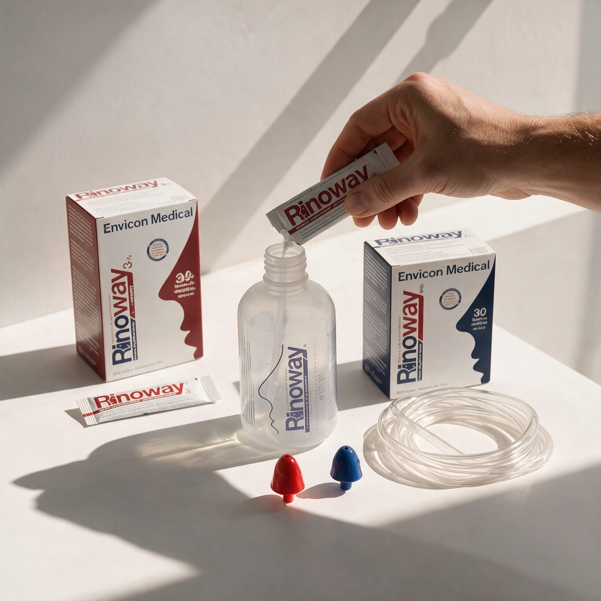 Routine completa per lavaggi nasali Rinoway® con bustine di sali, flacone, tubo e adattatori nasali