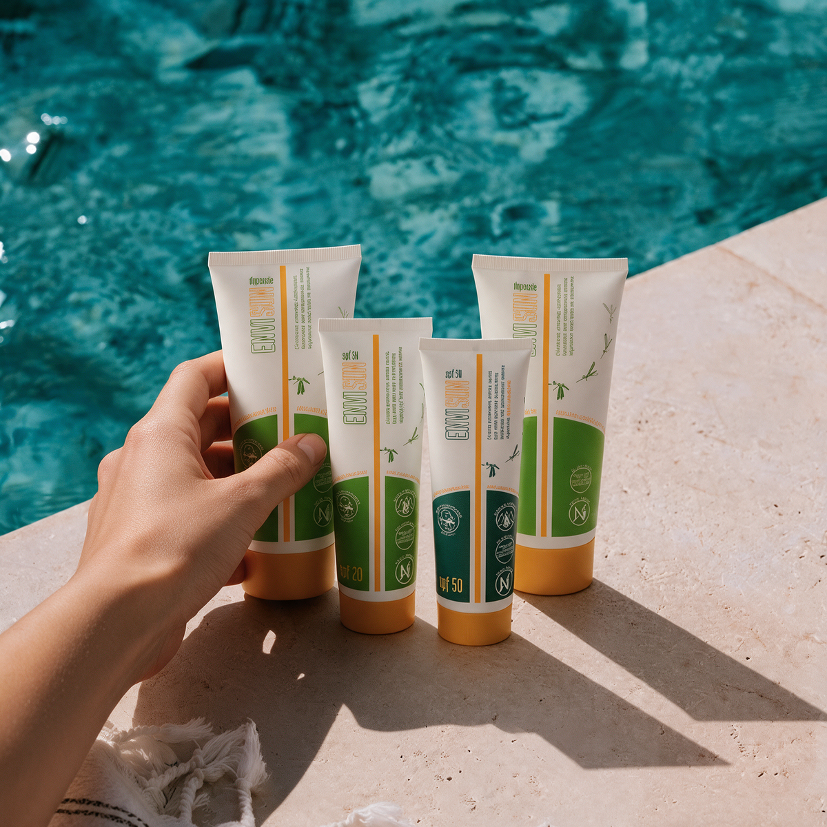 Creme solari e doposole Envicon® per pelle secca con repellente, tenute in mano a bordo piscina