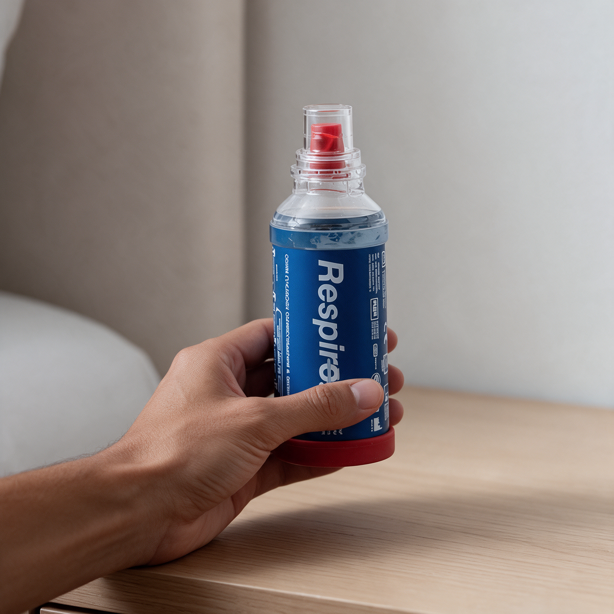 Mano che tiene il distanziatore per aerosol Respiro® appoggiato su un mobile in legno
