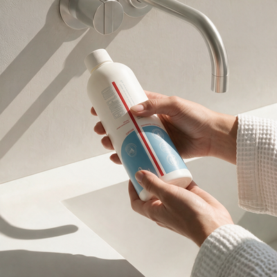 Mani che tengono il latte detergente Envifluid® per pelle secca sopra il lavabo