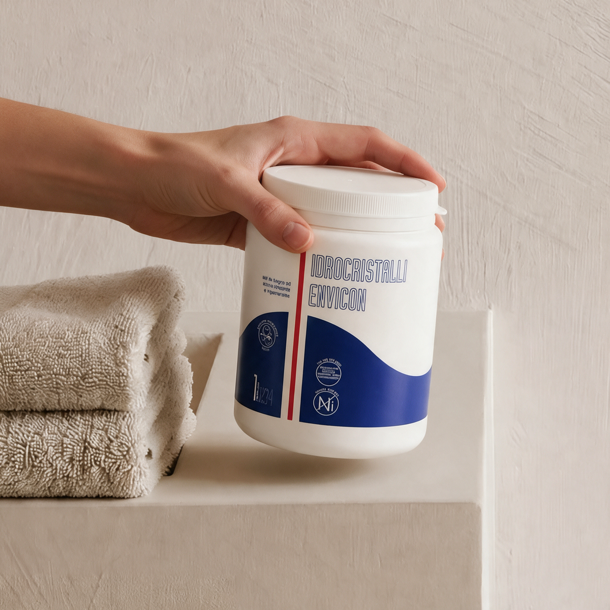 Mano che tiene il barattolo di sali da bagno lenitivi Idrocristalli® Envicon per pelle secca