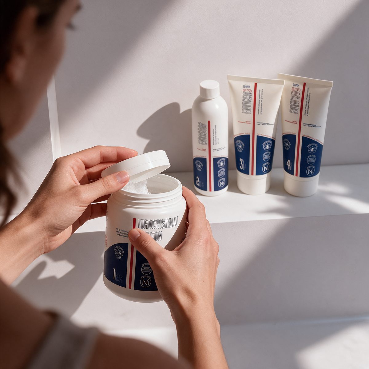 Donna che apre il barattolo di sali da bagno Idrocristalli® accanto a detergente e creme grasse per pelle secca