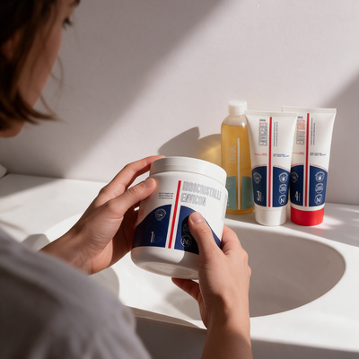 Donna che tiene il barattolo di sali da bagno Idrocristalli® con olio detergente e creme grasse per pelle secca