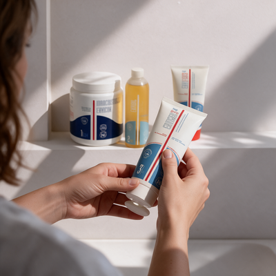Donna che tiene una crema magra per pelle secca vicino ai sali da bagno Idrocristalli® e all'olio detergente