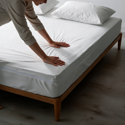 Persona che sistema il coprimaterasso antiacaro Acarbuster® con cerniera e il copricuscino antiacaro sul letto