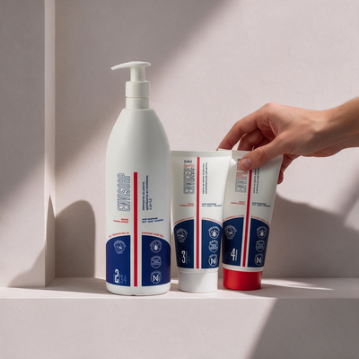 Set con detergente Envisoap® e due creme grasse per pelle secca atopica su una mensola, mano che prende un tubo
