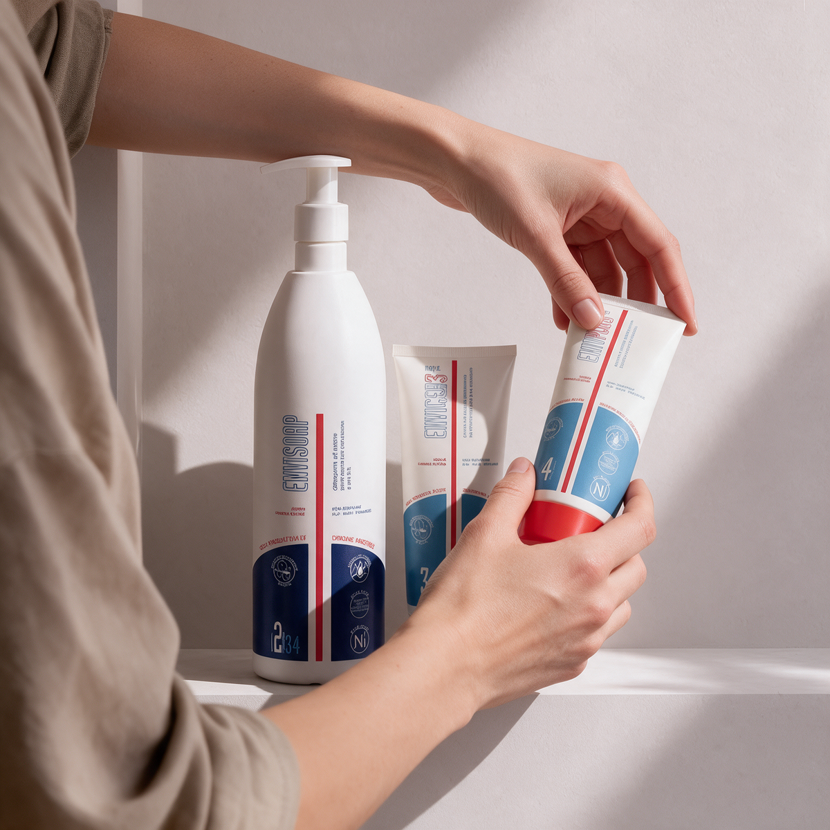 Mano che prende una crema magra per pelle secca atopica da un set con detergente Envisoap®