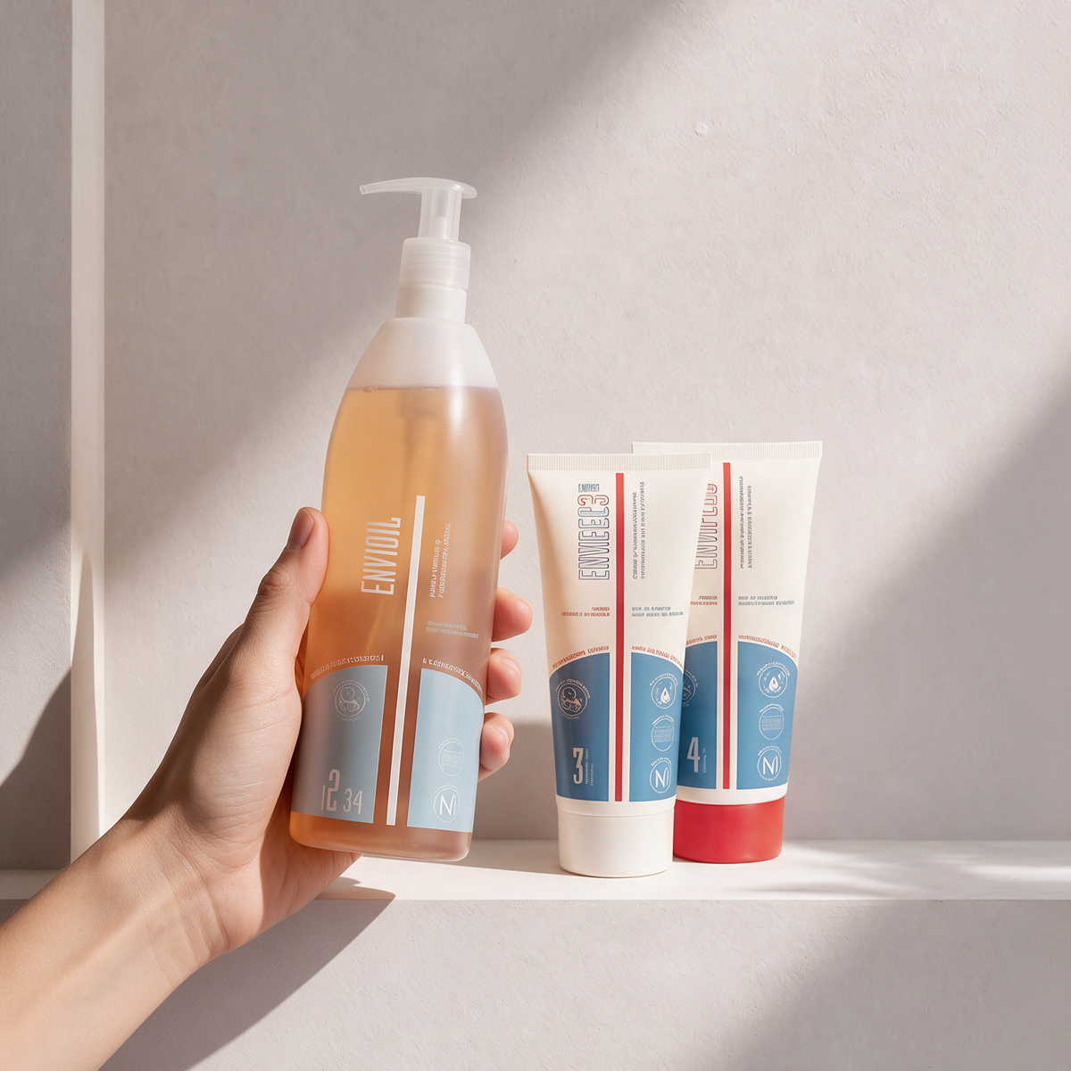 Mano che tiene l'olio detergente Envioil® accanto a due creme magre per pelle secca atopica