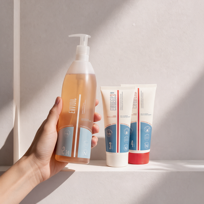 Mano che tiene l'olio detergente Envioil® accanto a due creme magre per pelle secca atopica