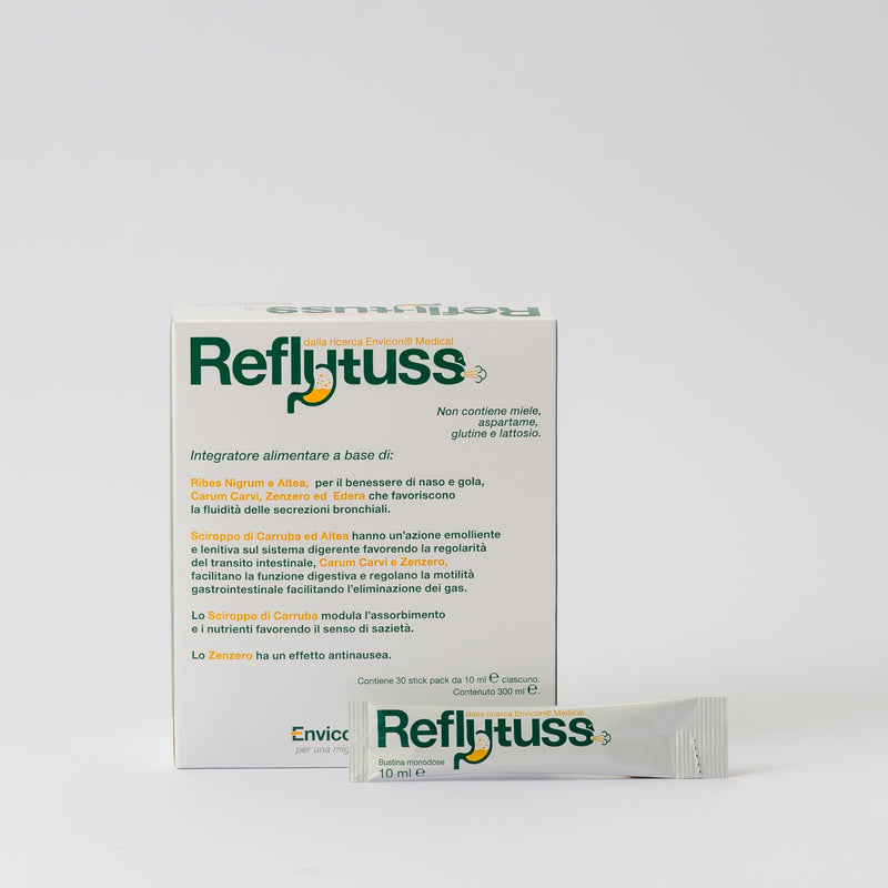 Integratore Reflutuss® sciroppo per il benessere della gola, delle basse vie aeree e del sistema digerente 30 stick pack – scatola e stick pack